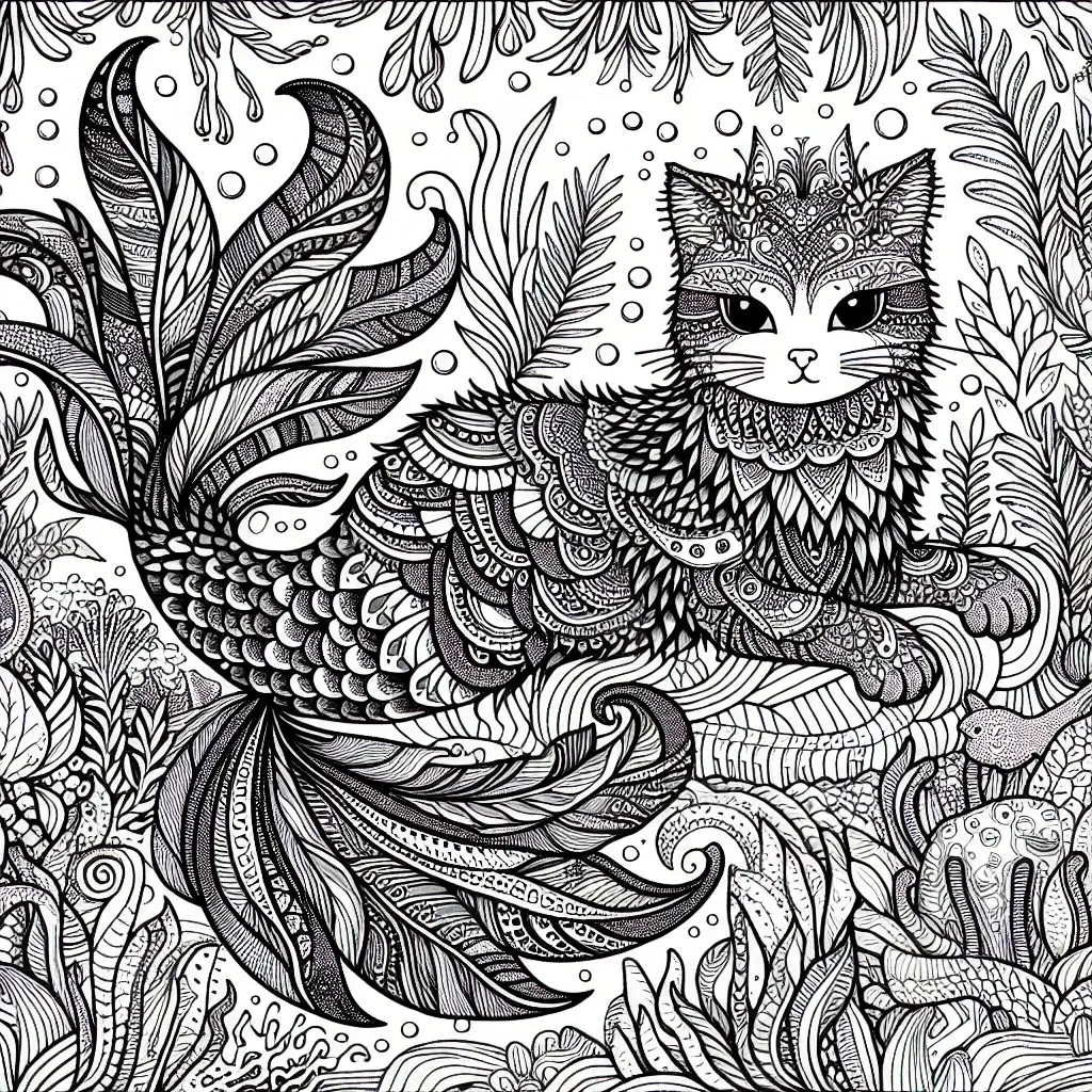 Unleash Your Creativity with a Magical Mermaid Cat Coloring Page!